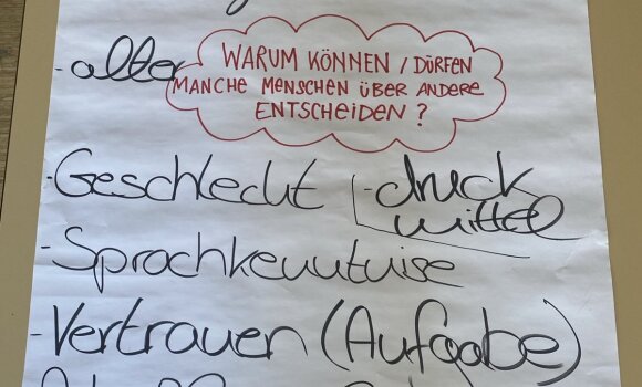 Mindmap zu der Frage "Warum können manche Menschen über ander entscheiden?". Zu sehen ist ein Plakat mit der Frage in der Mitte. Drumherum wurden mögliche Antworten aufgeschrieben.