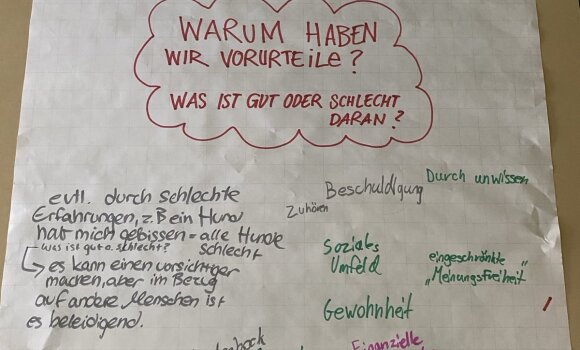 Mindmap zu der Frage "Warum haben wir Vorurteile?". Zu sehen ist ein Plakat mit der Frage in der Mitte. Drumherum wurden mögliche Antworten aufgeschrieben.