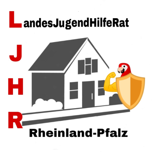 Logo des Landesjugendhilferats Rheinland-Pfalz. Zu sehen ist der Name und die Abkürzung LJHR. Ein graues Haus stellt die Jugendhilfeeinrichtungen dar. 