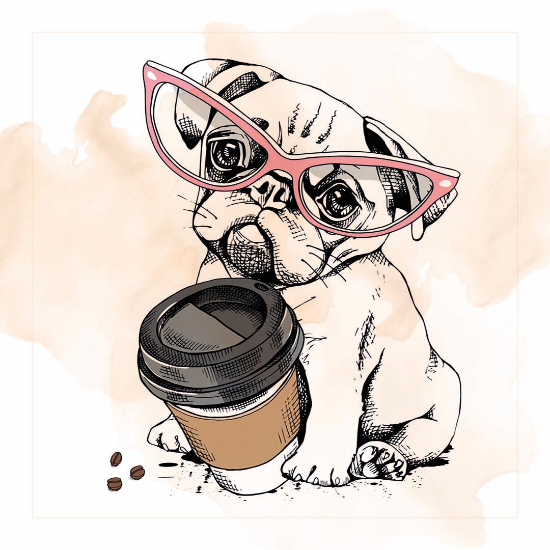 Kleiner Hund mit Kaffee-to-go Becher